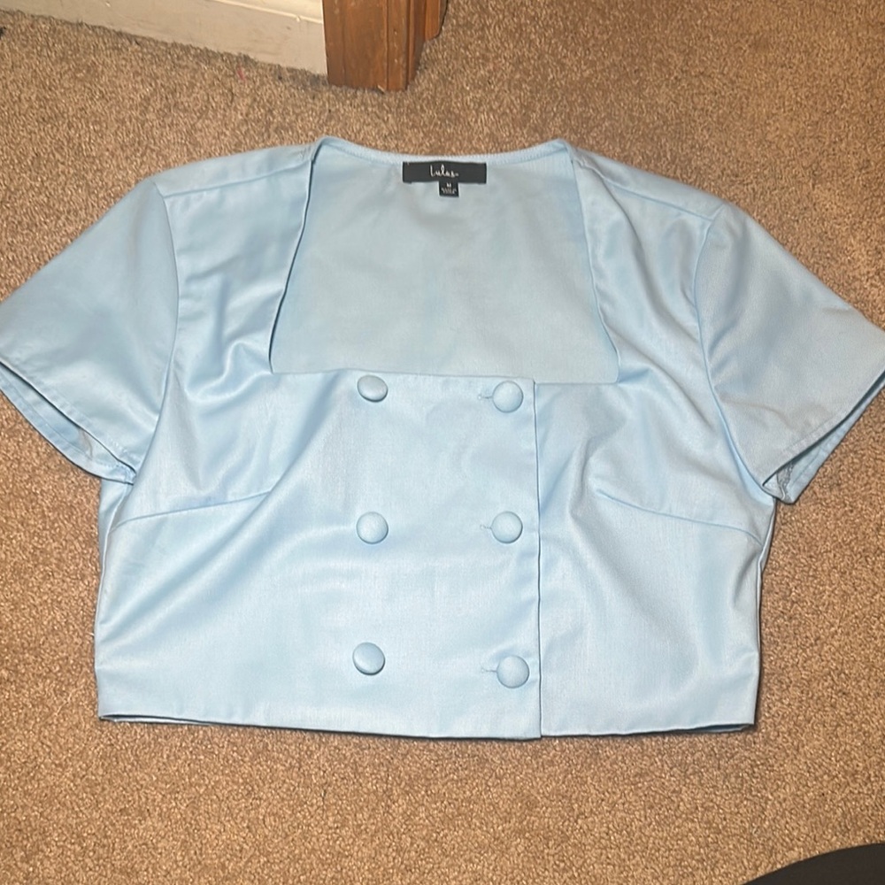 LULUS- Executive Aura Light Blue Cropped Short Sleeve Jacket